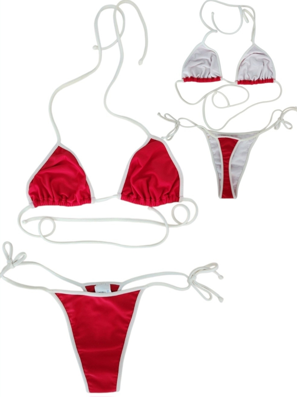 Coral Red With White Trim Triangle String Bikini Thong Set Brazilian S Swimwear